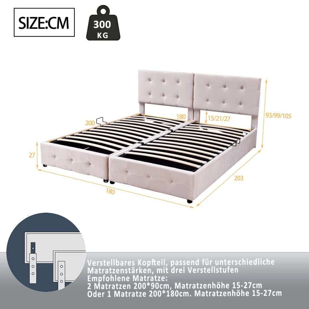 Letto imbottito beige 180x200 con contenitore idraulico