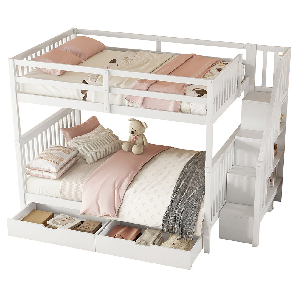 Letto a castello per bambini - Xylo - 140x200 cm - Bianco - Con scala, ripiani e due cassetti