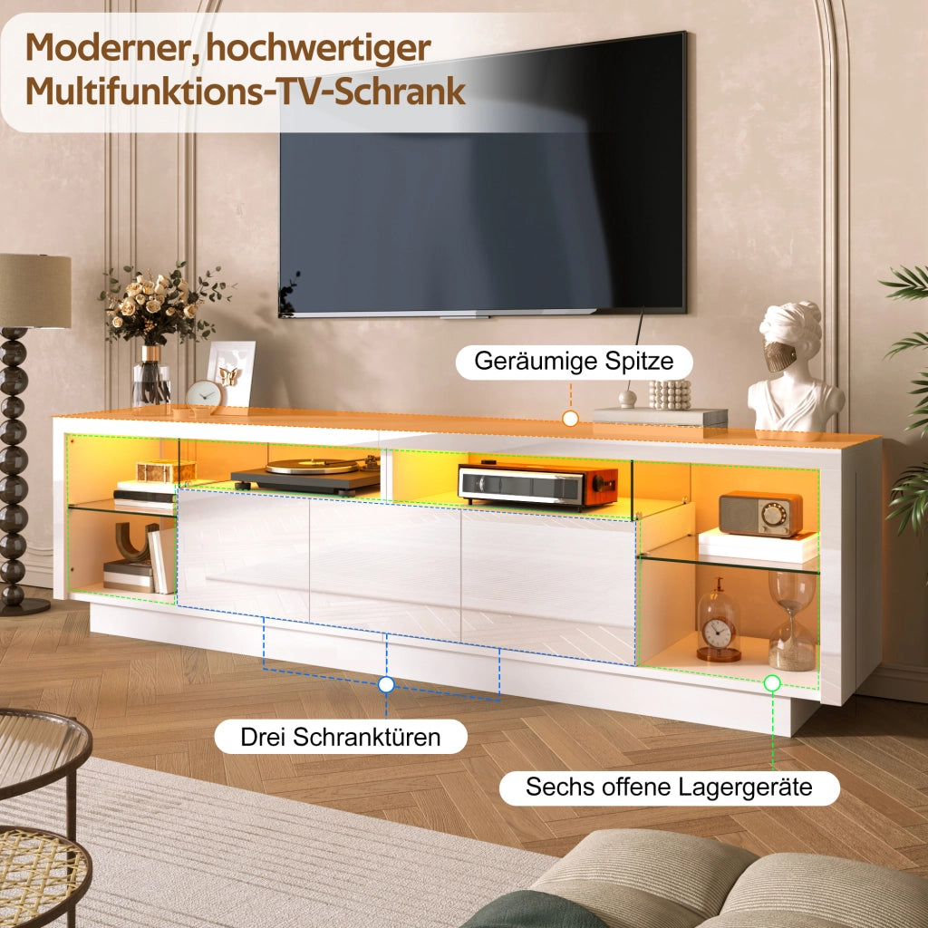 Mobile porta TV con 3 ante, vani aperti in vetro e LED, per soggiorno, in legno truciolare bianco, 200 × 38 × 55 cm