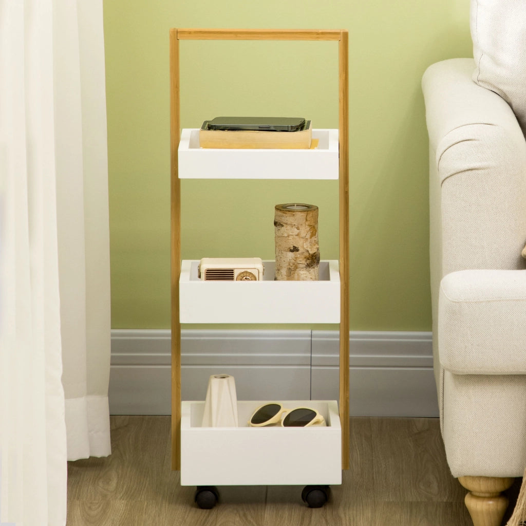 Carrello per Bagno con 3 Cestini e Ruote ¨C Zephmum ¨C Bamb¨´ 28x18x75 cm Bianco
