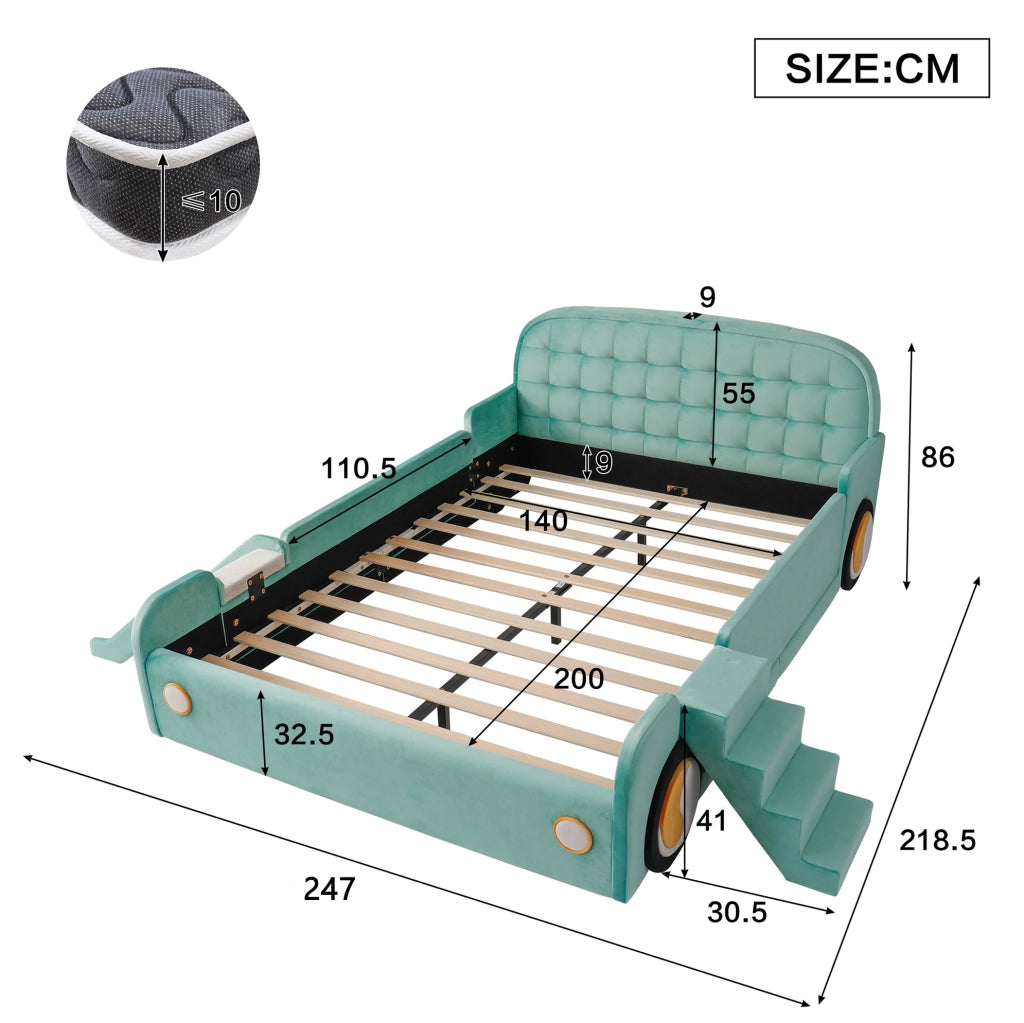 Letto per bambini 140x200 cm a forma di auto con scivolo e scala reversibili in velluto blu-verde