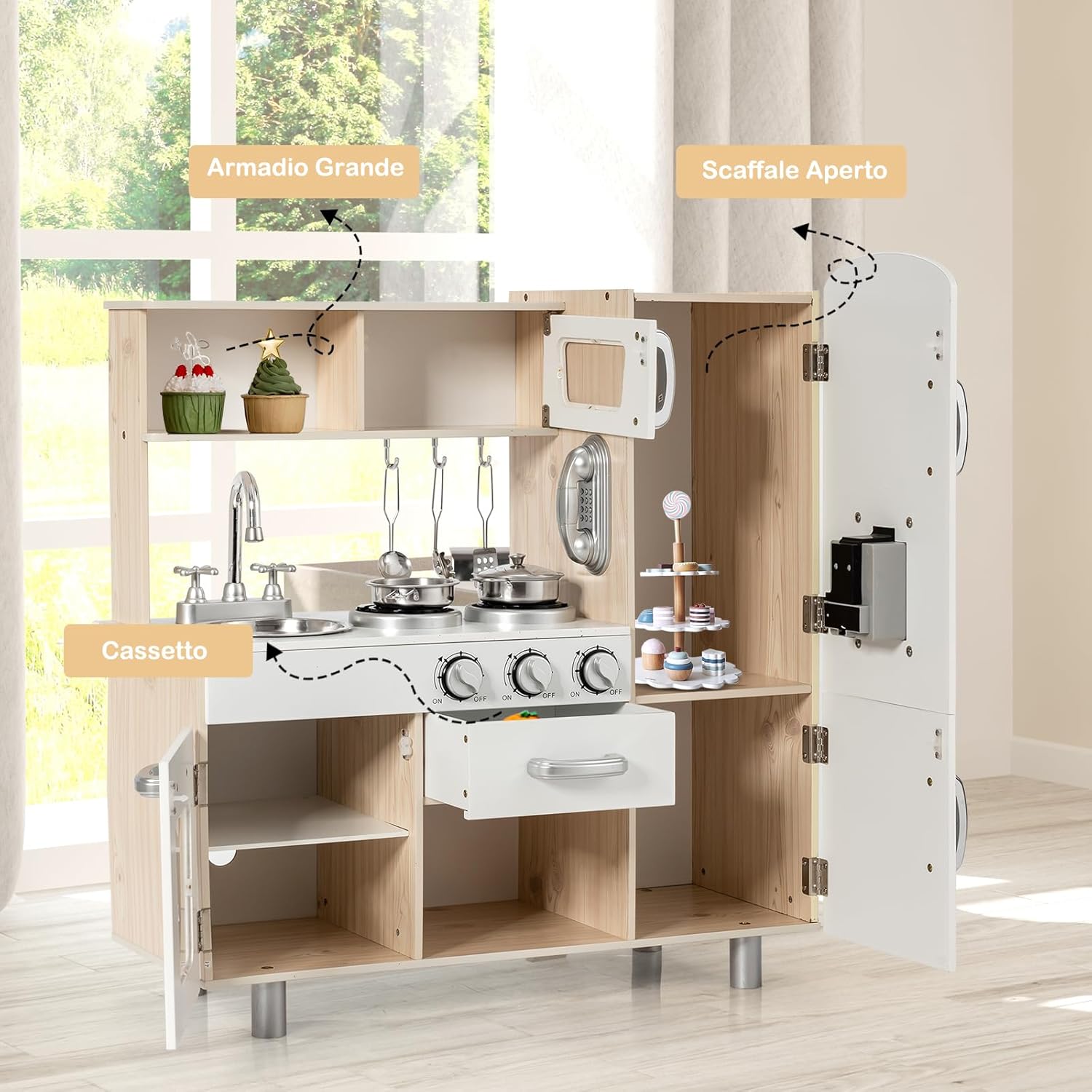 Cucina giocattolo per bambini, Cucina per Bambini in Legno con Telefono, Piano, Cottura, Frigo, Microonde, Lavello Rimovibile, 3 Anni+