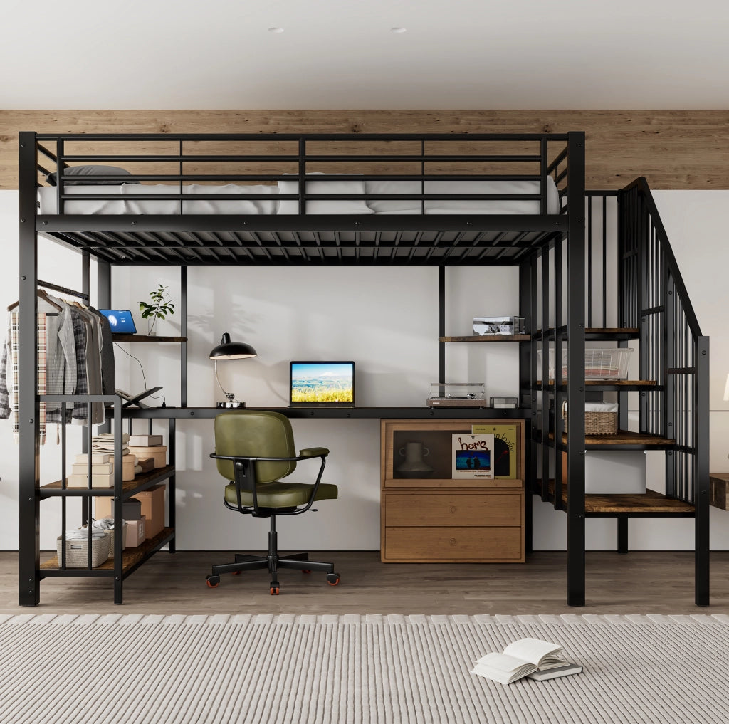 Letto a soppalco 120x200 cm con scala laterale; porta di ricarica e appendiabiti in metallo e MDF nero e noce scuro