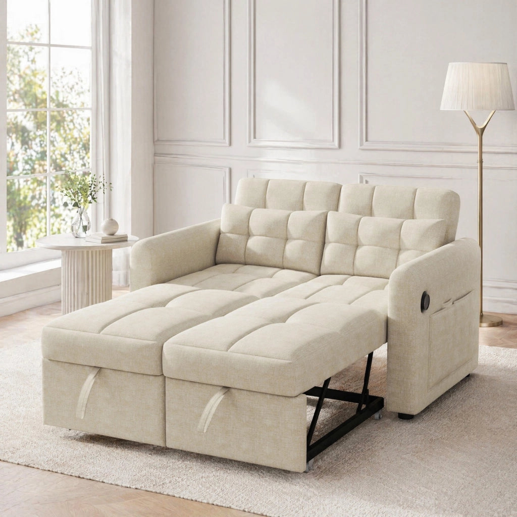 Divano letto 3 in 1 a 2 posti con schienale regolabile, USB, tasche laterali e 2 cuscini, beige