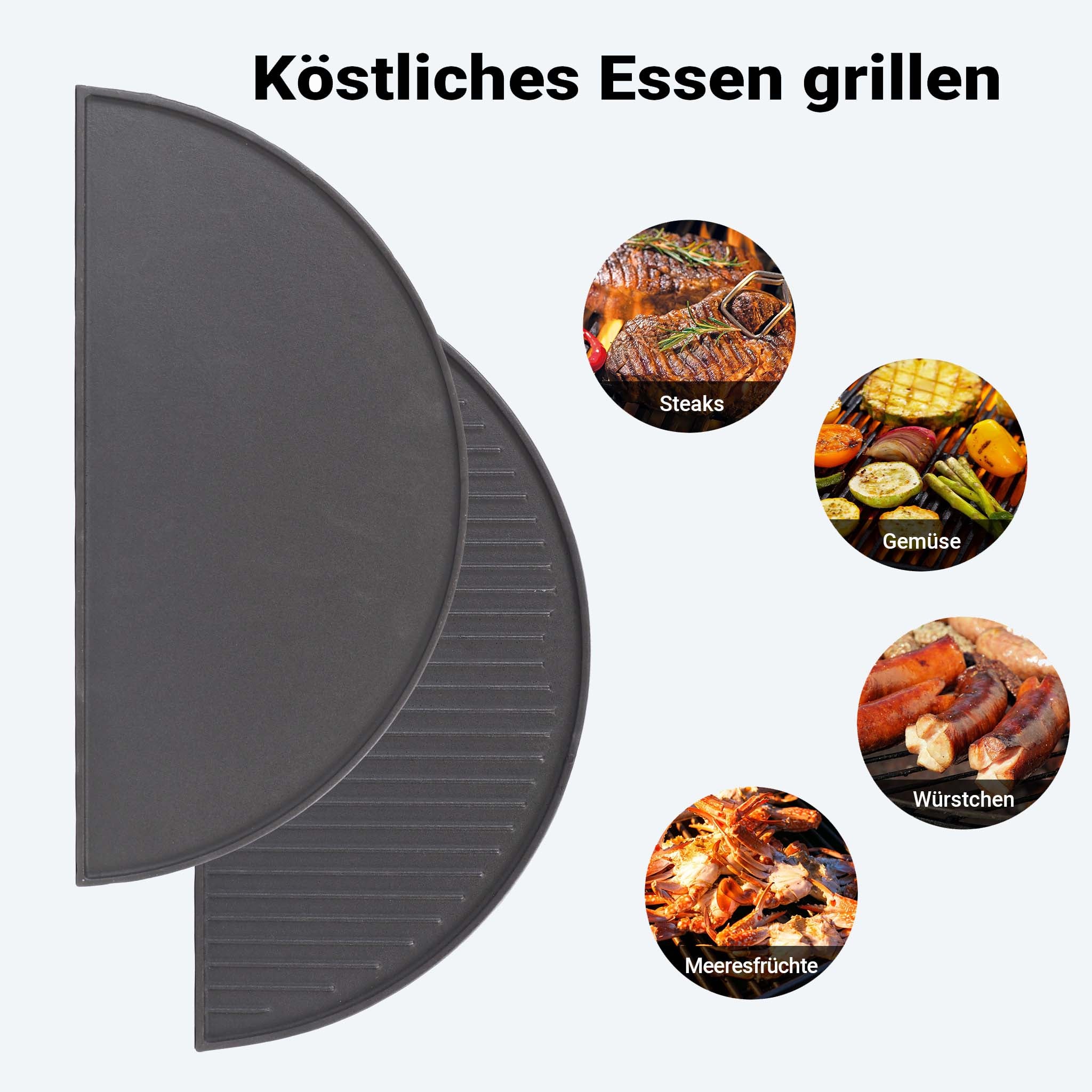 Set 2x Piastra in ghisa rigata, forma a mezza luna, 46,7 x 22,8 x 1,5 cm, griglia in ghisa per barbecue, bistecchiera, ideale per grigliare carne, pesce, verdure
