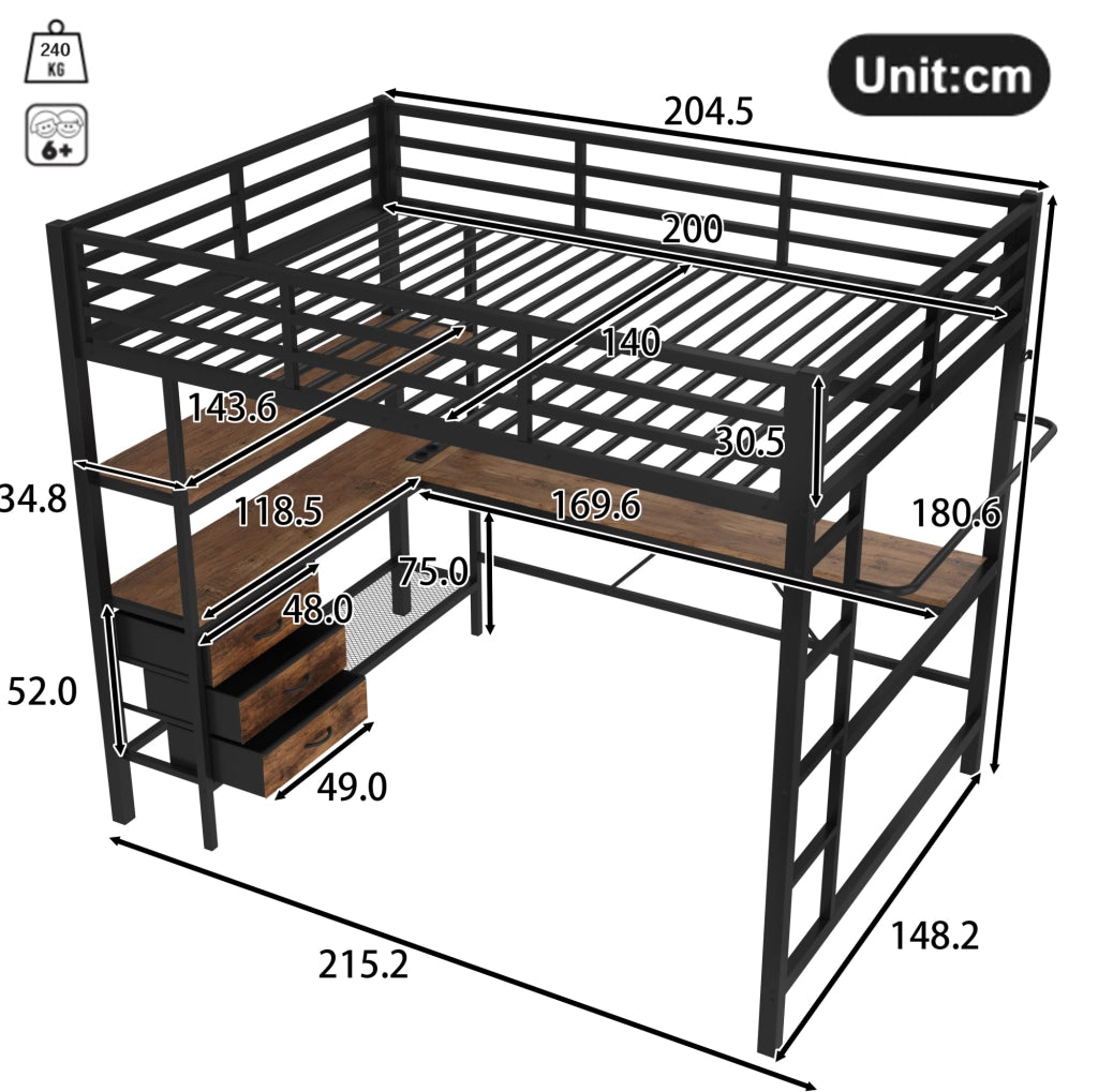 Letto a soppalco 140x200 cm con scrivania, LED e USB nero
