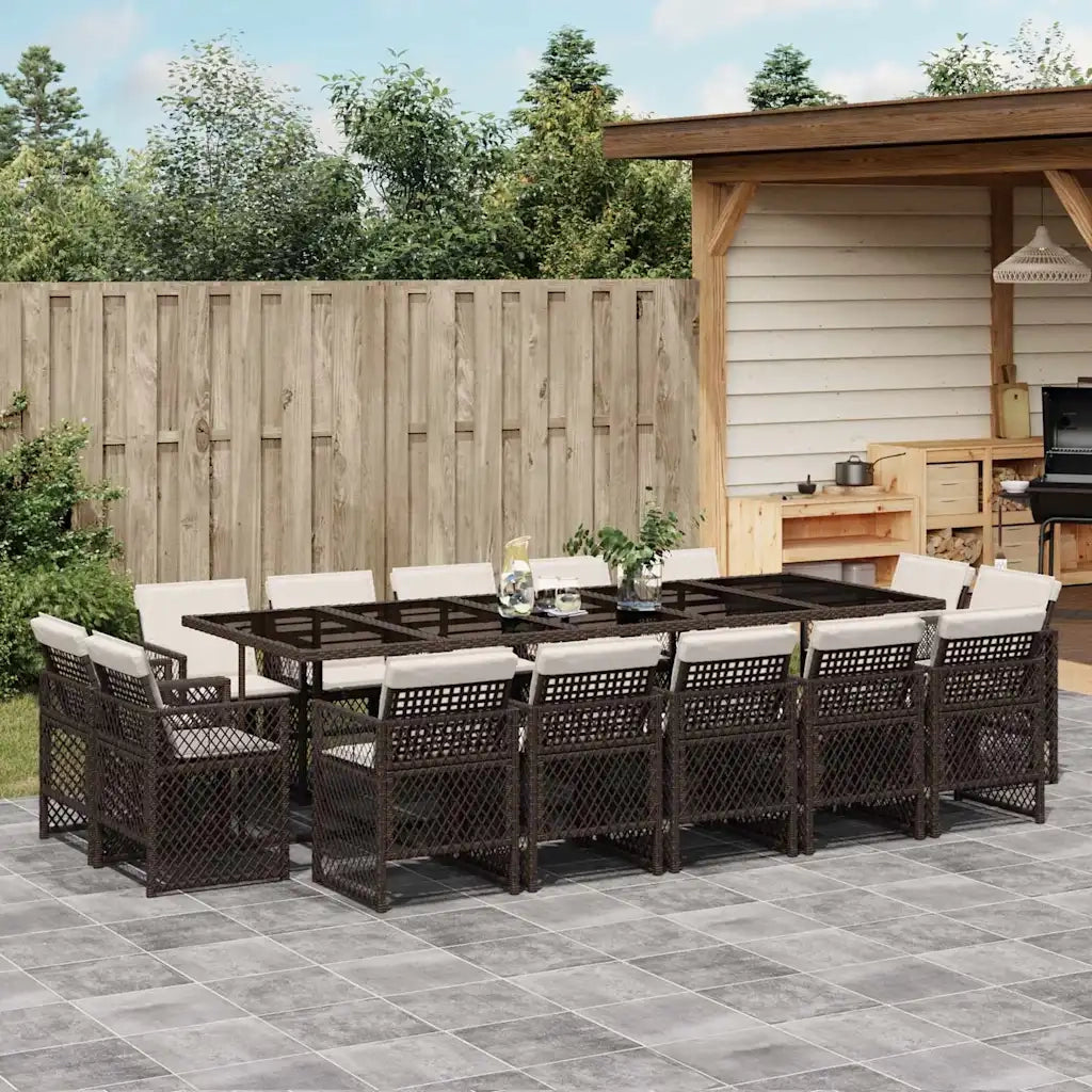 Set da Pranzo da Giardino 15 pz con Cuscini Marrone Polyrattan
