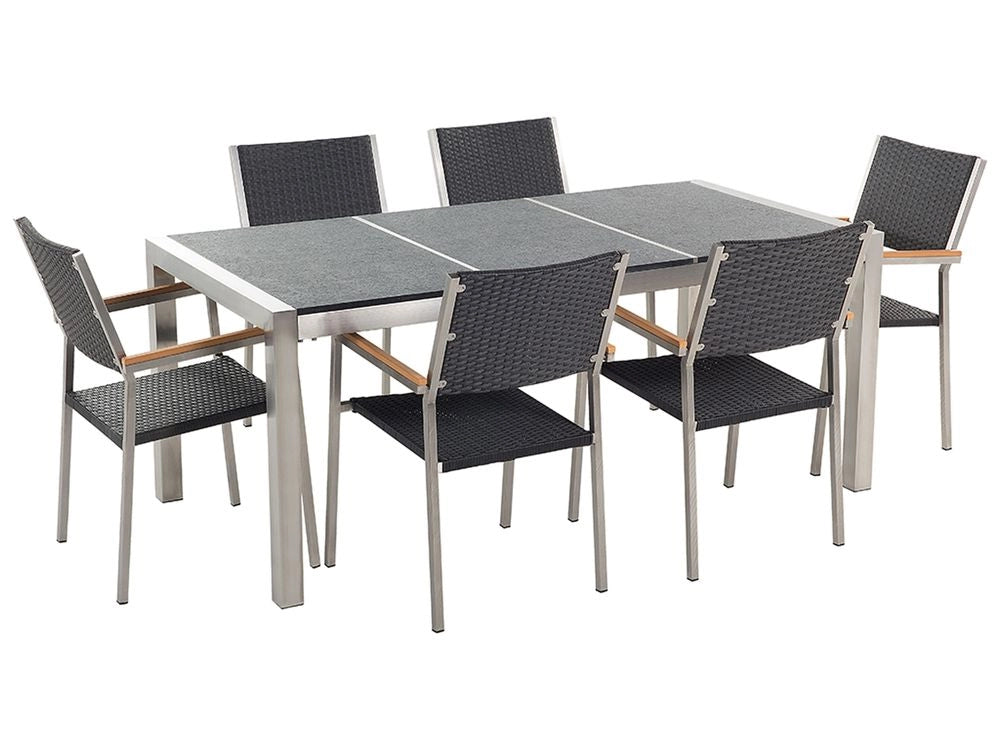 Set da pranzo da giardino Nero con piano in granito grigio sedie in rattan 8 posti 220 x 100 cm