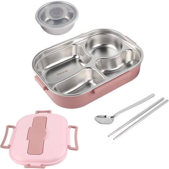 Lunchbox Portatile - Acciaio Inox - 4 Comparti - Piatto da Frutta - Contenitore Alimenti Adulti - Incluso Cucchiaio