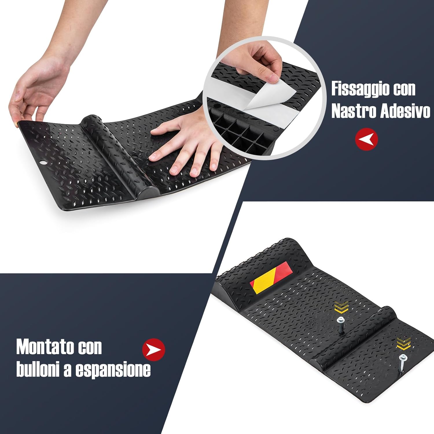 2 Pezzi Tappeto Ferma Ruote, Set di Fermaruote per Parcheggio con Striscia di Avvertimento, Superficie Antiscivolo, 53 x 25,5 x 5 cm