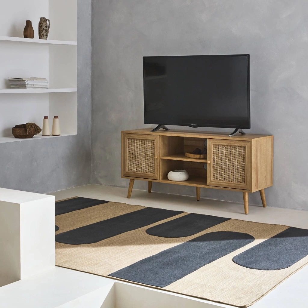 Mobile tv in cannage 2 livelli, 120cm, marrone naturale