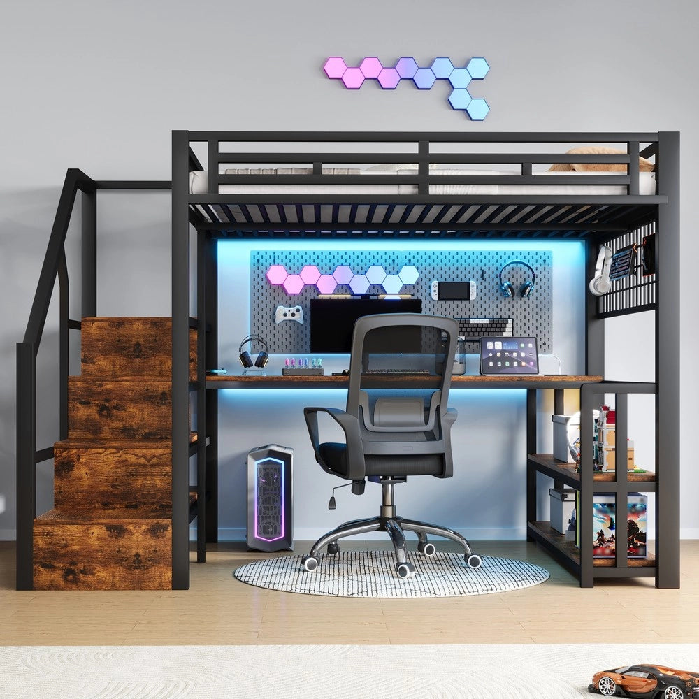 Letto a Soppalco con Scrivania ¨C Xylo ¨C Nero, LED, 140x200, Metallo, Cassetti, USB