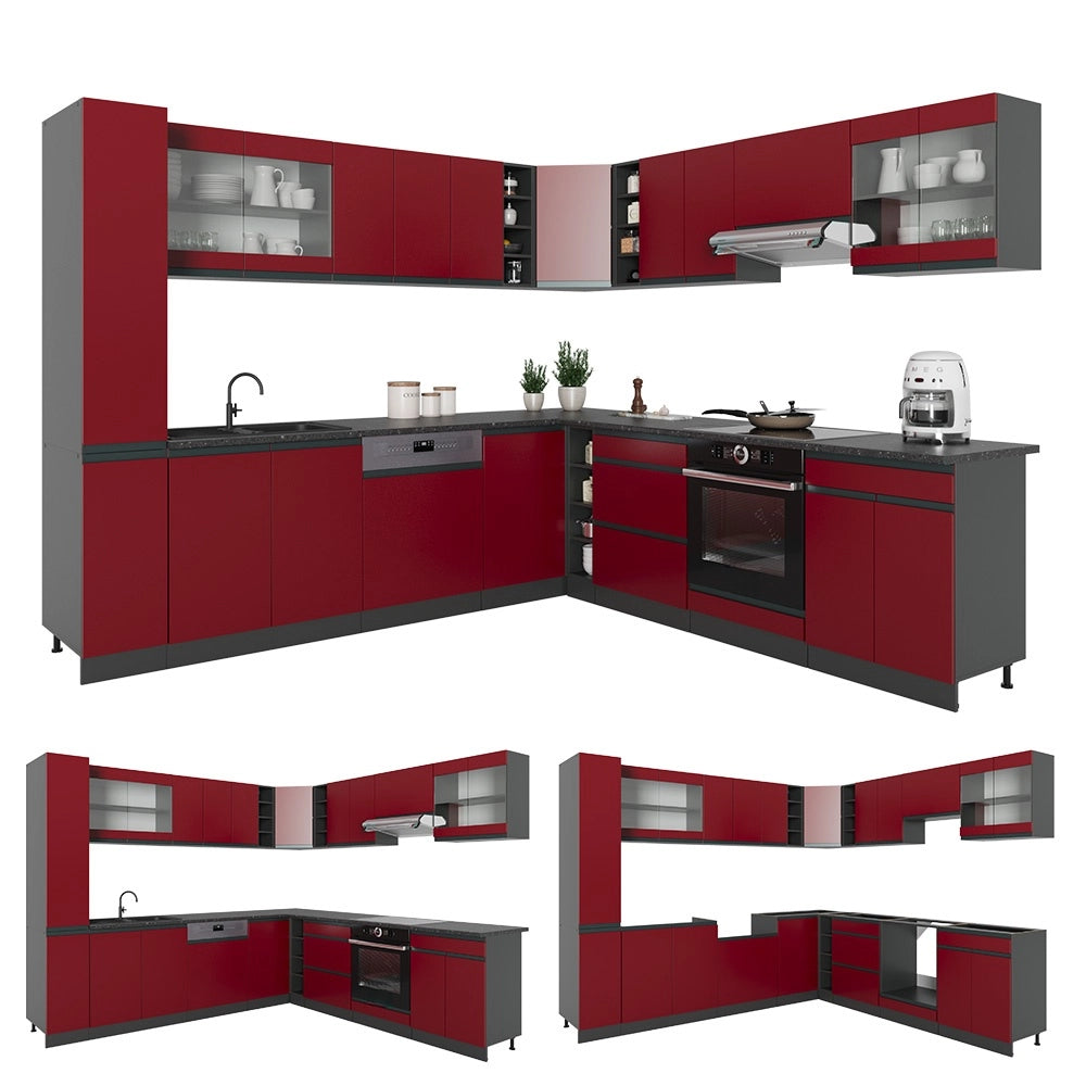 Cucina angolare completa R-Line Rosso/Antracite 277 x 257 cm Forma a J, senza piano di lavoro Vicco