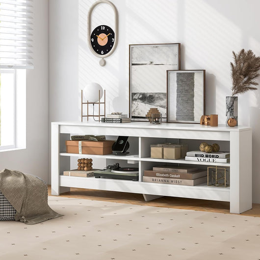 Mobile TV con Presa Elettrica per TV Fino a 65”, Mobile Porta TV Angolare, Mobiletto per Soggiorno a 3 Ripiani con 4 Scaffali Aperti, 140 x 40 x 49,5 cm (Bianco)