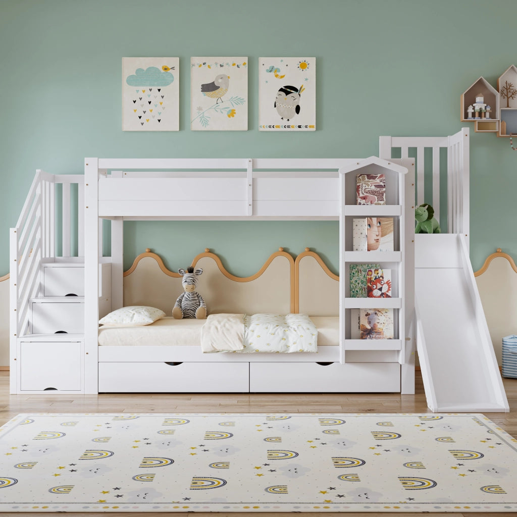 Letto a Castello 90x200 cm - Scivolo; Scaffale e 2 Cassetti - in Legno e MDF - Bianco