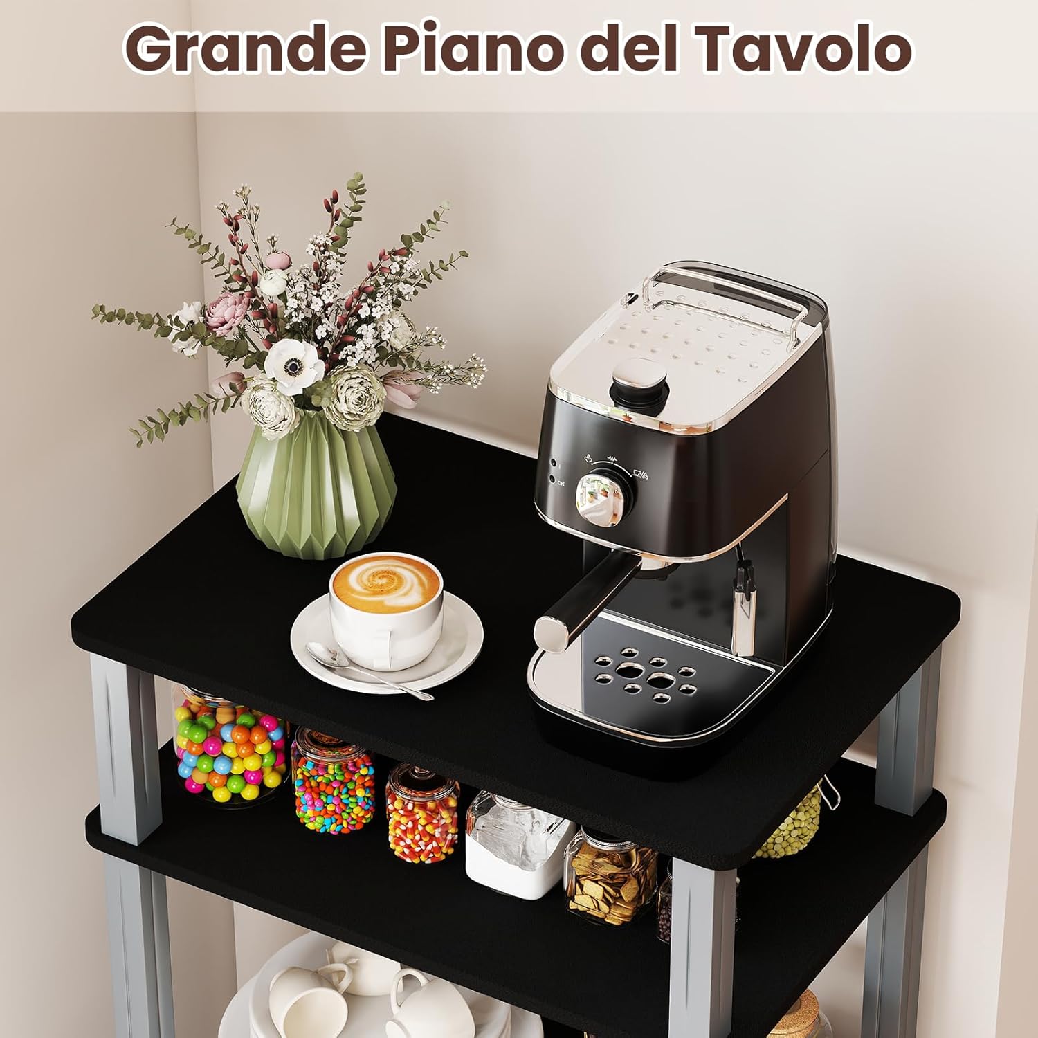 Scaffale da Cucina per Microonde Carrello, con Ruote e 2 Ante, Multifunzionale e Movimento Flessibile, 60x40x98 cm MDF, plastica (Nero)