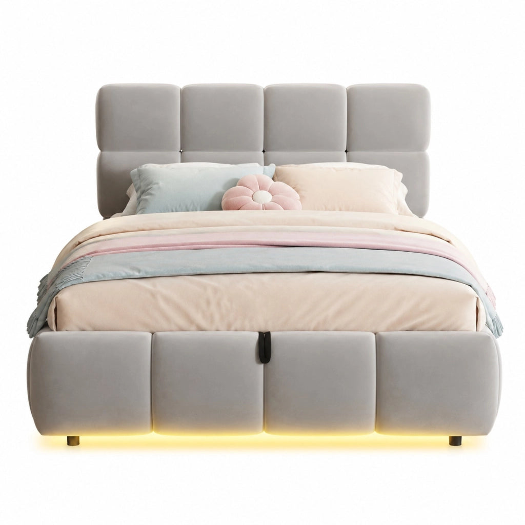 Letto imbottito in velluto grigio 90 x 200 cm con contenitore idraulico e LED