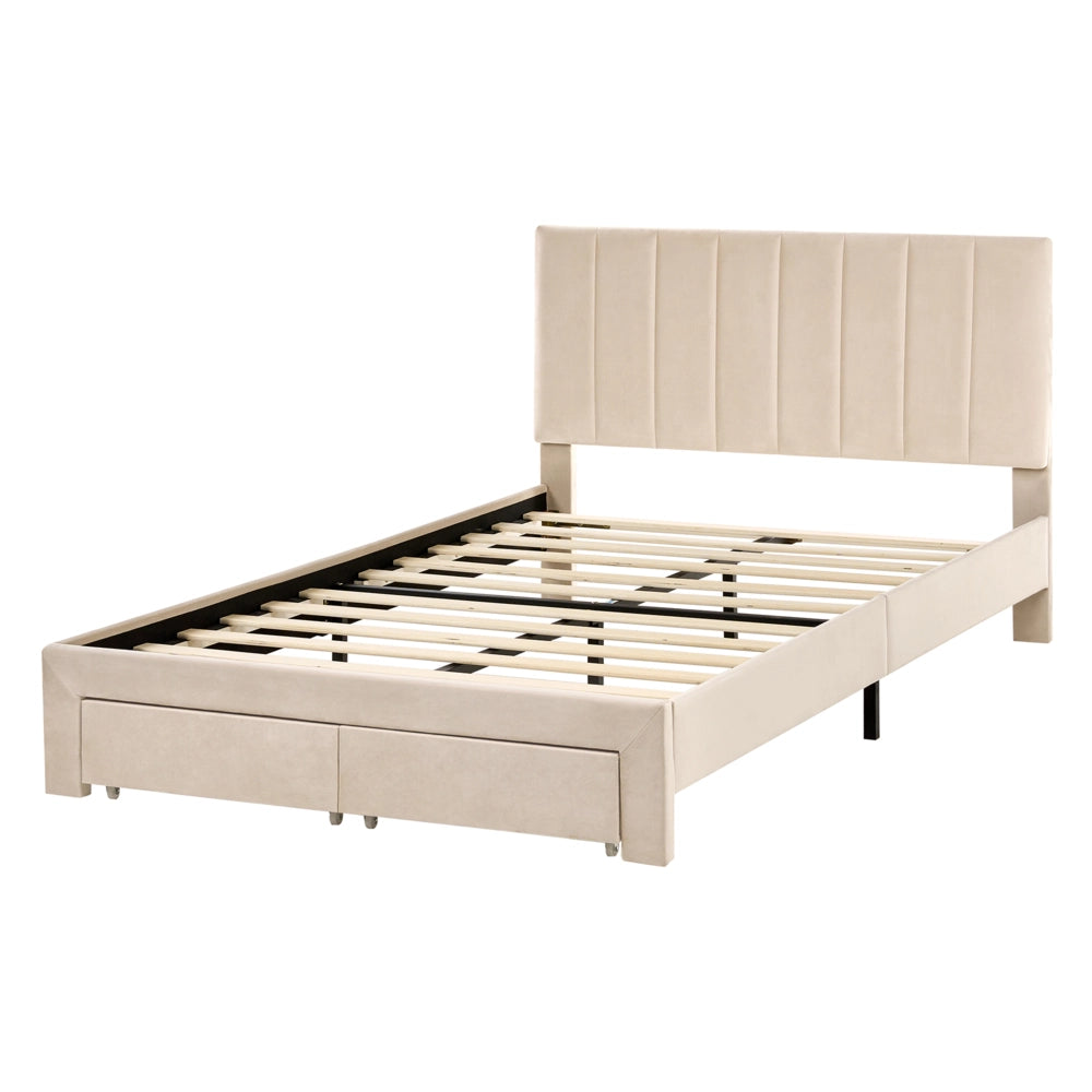 Letto matrimoniale 120 x 200 cm Beige Rivestimento in velluto 4ft con cassetti Testiera Base a doghe Moderno