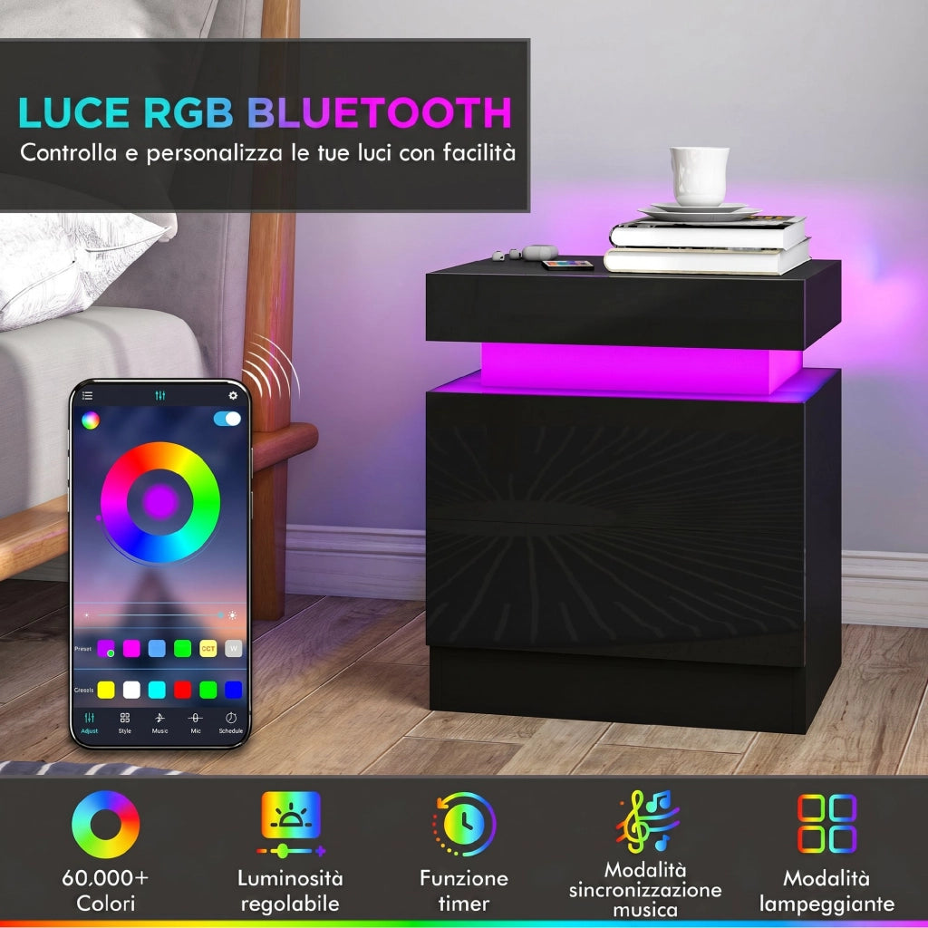 Set 2 Comodini 45x35x52 cm LED a 16 Colori e 4 Modalità con 2 Cassetti in Legno Nero