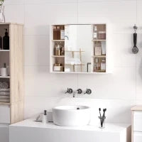 Armadietto con Specchio in MDF e Truciolato con 3 Ripiani Laterali e Ripiano Regolabile Interno, 60x14.5x49.4 cm