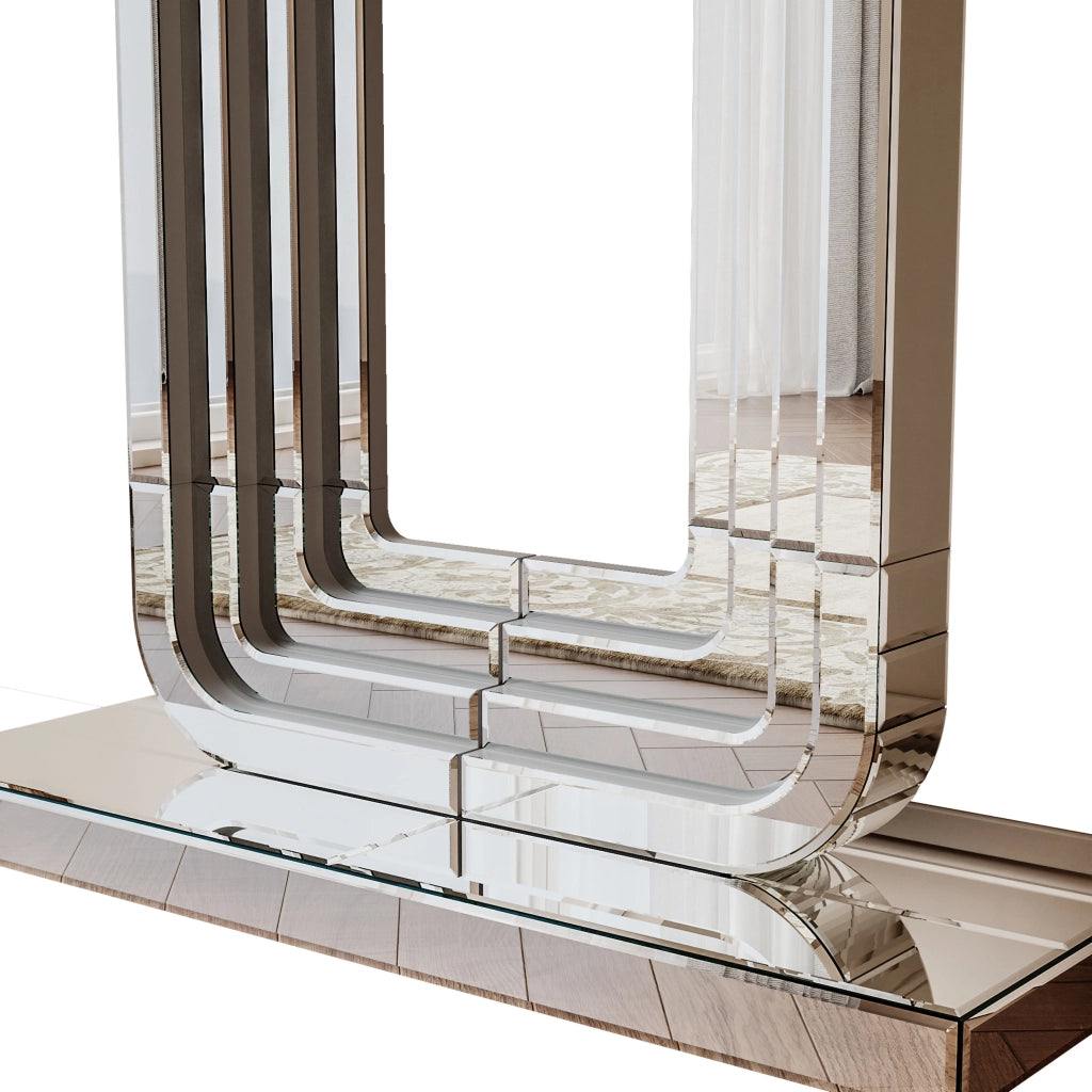 Consolle specchiata con base a U in MDF effetto vetro argentato per ingresso e soggiorno 135 × 40 × 31,5 cm