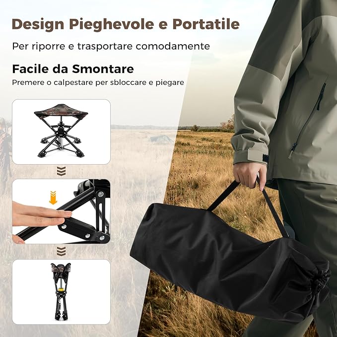 Sgabello da Campeggio Pieghevole, Sedia da Caccia Girevole a 360° con Piedi Anti-Affondamento, Borsa da Trasporto Compatta e Leggera, Piccolo Sgabello da Esterno Portara 150 kg (Mimetico)