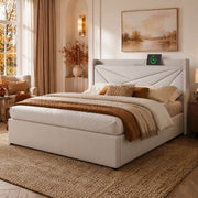 Letto matrimoniale 140x200 cm con contenitore, testiera USB e Type-C, beige