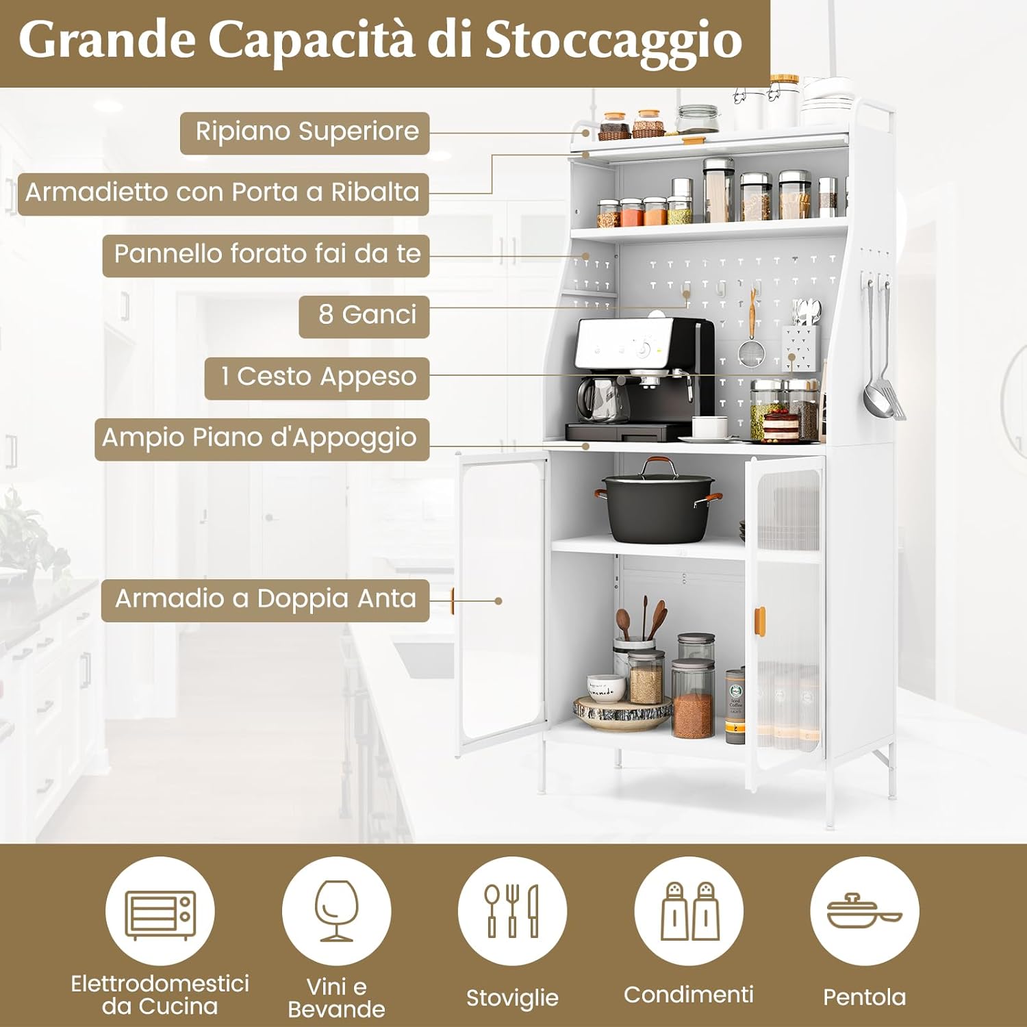 Mobile Dispensa per Cucina, Mobile da Forno Autonomo con Pannello Forato, Porte Trasparenti, Ripiano Regolabile, 8 Ganci e 1 Cestello appendibile, 76 x 36 x 161 cm