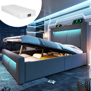 Letto singolo 90x200 cm con contenitore; LED; USB e Type-C in velluto grigio; con materasso