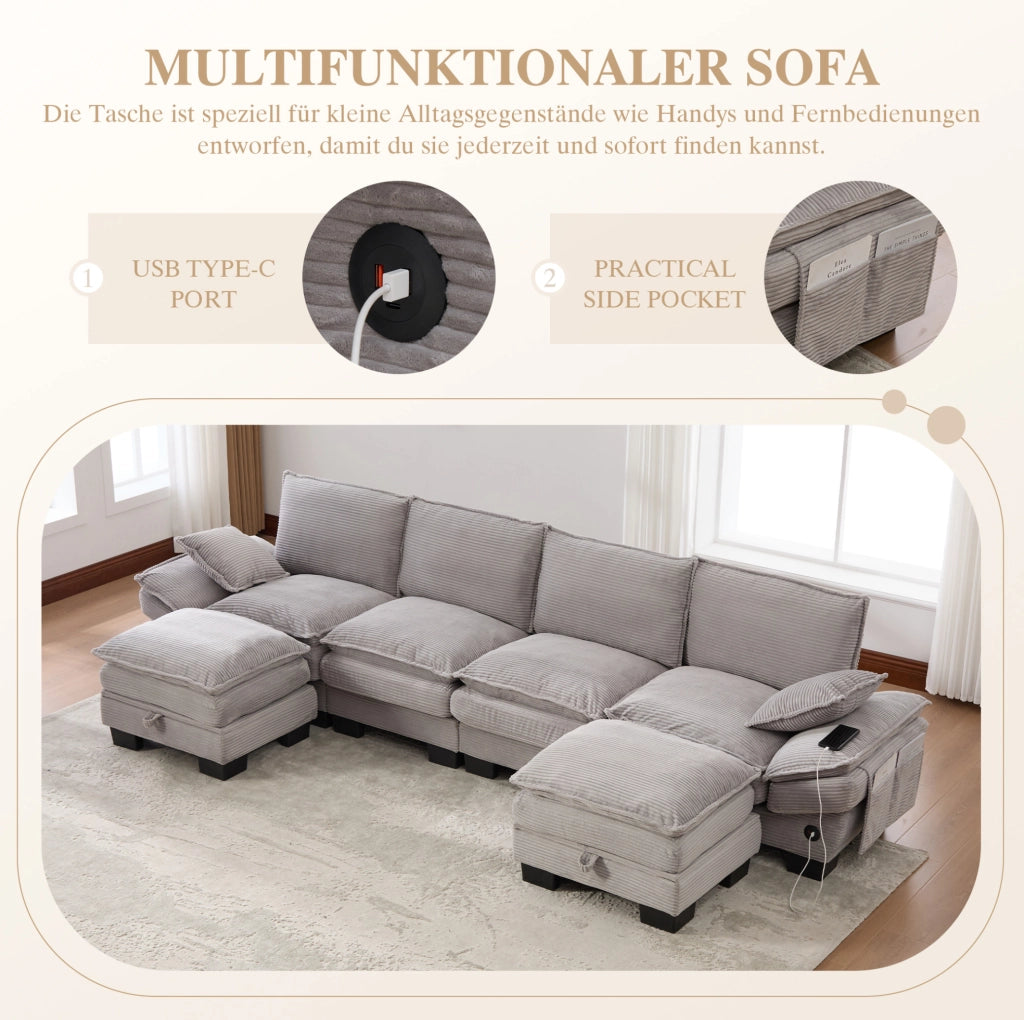 Divano modulare 4 posti in velluto a coste con 2 pouf; USB-C; grigio chiaro