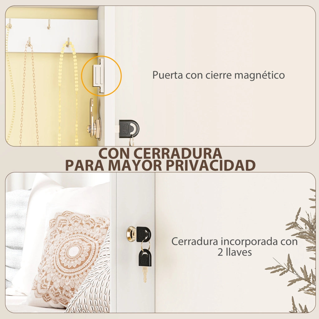 Specchio Portagioie da Parete con Serratura ¨C Xylo ¨C Bianco con Fodera Crema
