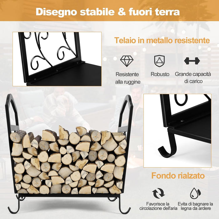 Porta Legna da Ardere per Interni ed Esterni, Portelegna in Metallo con Piedini Rialzati e Motivi Eleganti, Porta Ceppi Decorativi per Caminetti, 43 x 32,5 x 40 cm
