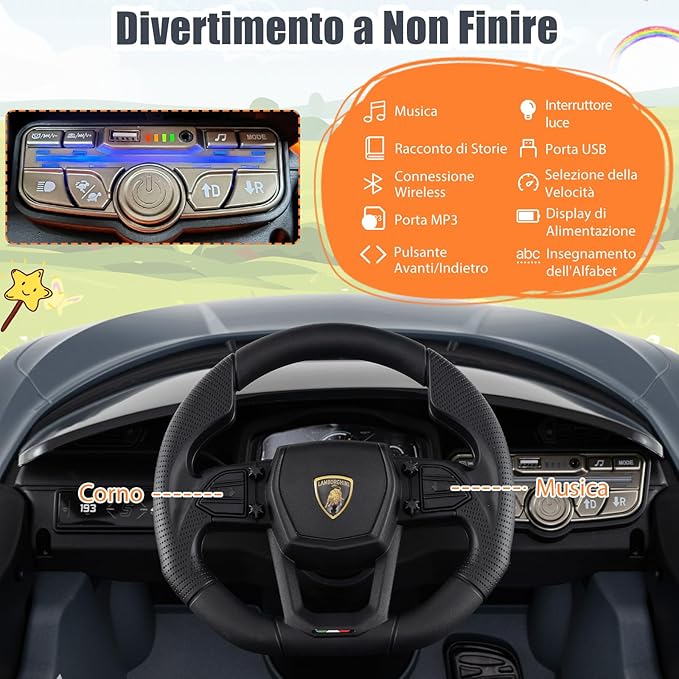 Lamborghini 12V Auto Elettrica per Bambini, Veicolo Elettrico Cavalcabile con Telecomando Luci LED Musica, 3-5 Km/h, per Bambini 37-95 Mesi (Grigio)