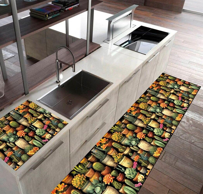 Tappeto Cucina Pvc Stampa Digitale 51x270 cm Antimacchia Design Piante Grasse Cactus