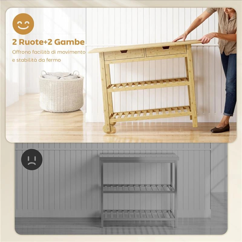 CARRELLO CUCINA IN LEGNO DI BAMBÙ CON 2 CASSETTI, 2 RIPIANI A DOGHE E 2 ROTELLE, 100X43X75 CM, LEGNO