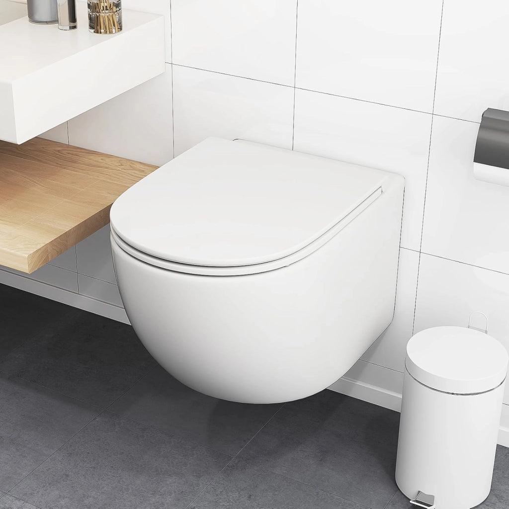 WC sospeso senza bordo, WC da parete in ceramica con coperchio rimovibile, chiusura morbida, sistema a doppio sciacquone, design salvaspazio, 52,5 x 35,8 x 36 cm