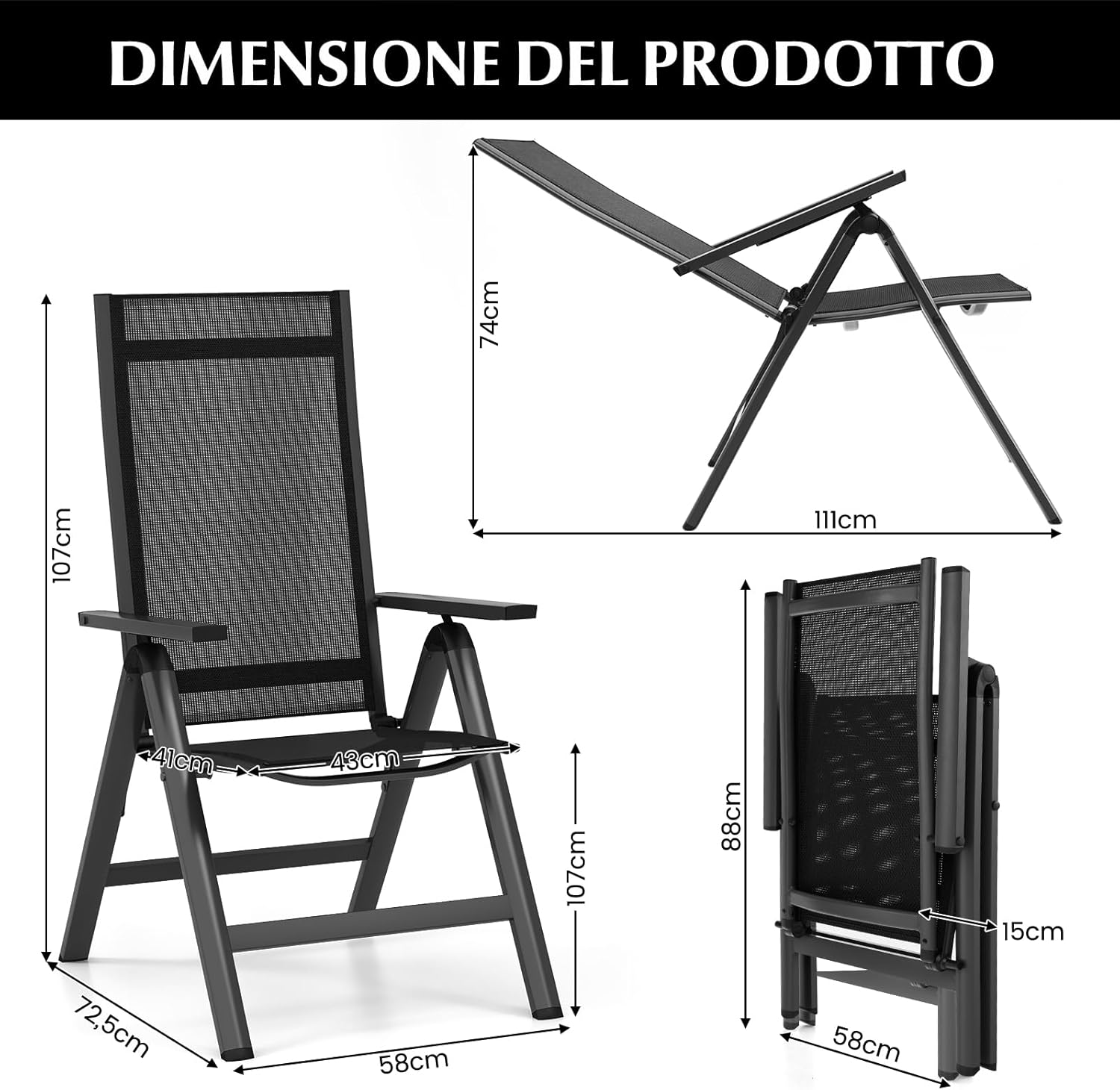 Sedia Pieghevoli da Giardino, Sedie da Giardino con Seduta Imbottita Morbida, Schienale Regolabile su 7 Posizioni, Sedie Portabili per Giardino, Piscina, 70 x 58 x 112 cm (1)
