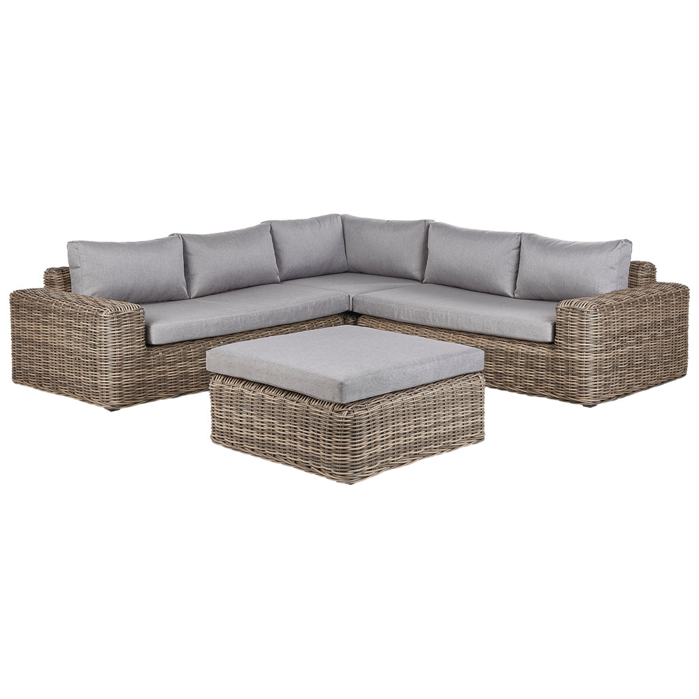 Set da giardino marrone chiaro in vimini spazzolato PE rattan divano angolare modulare con pouf cuscini grigi per esterni