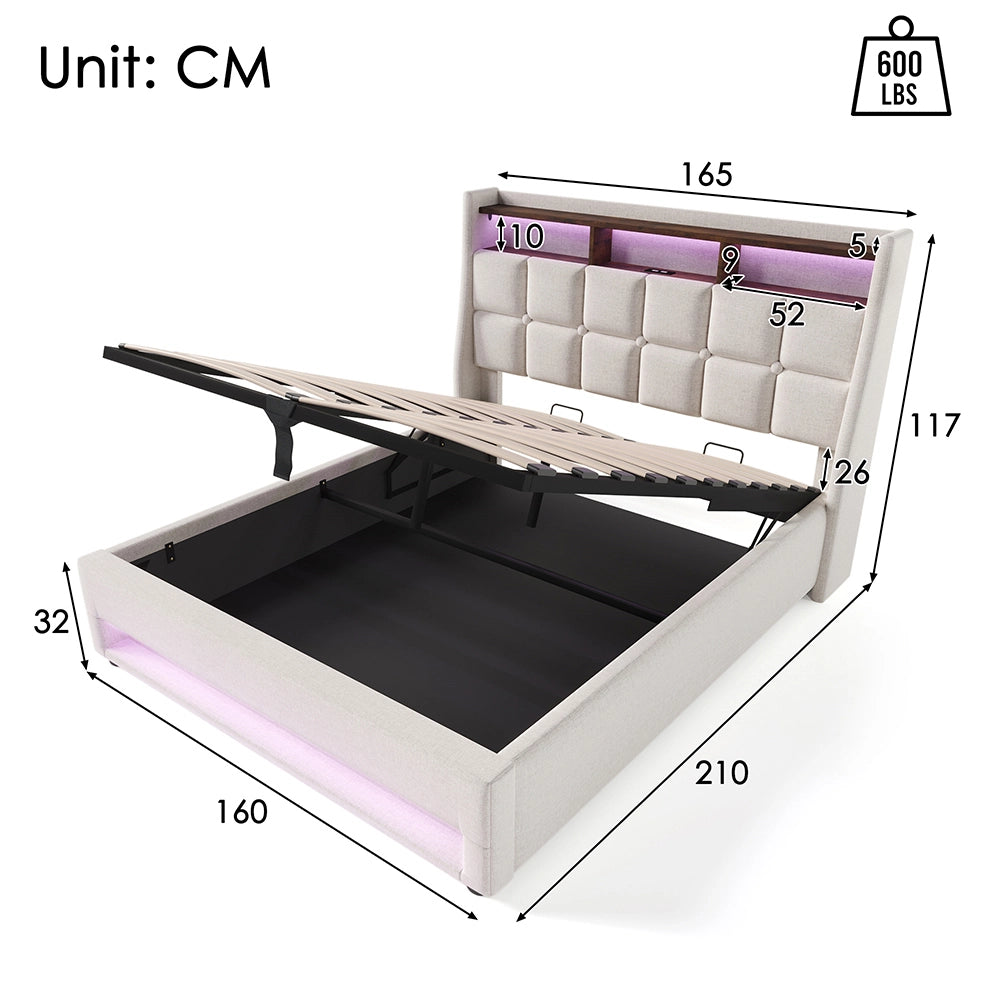 Lit 160x200 cm - Xylo - Rimbottito USB LED - Senza materasso Beige