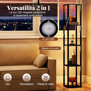 Lampada da Terra con Ripiani, Espositore Autoportante a 4 Livelli con Luci LED Dimmerabili a 3 Vie e Interruttore a Pedale, Lampada da Scaffale Moderna in Legno per Salotto e Studio