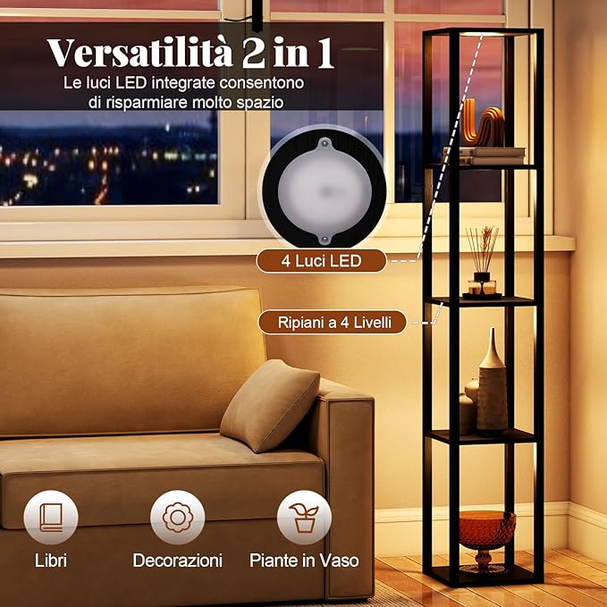 Lampada da Terra con Ripiani, Espositore Autoportante a 4 Livelli con Luci LED Dimmerabili a 3 Vie e Interruttore a Pedale, Lampada da Scaffale Moderna in Legno per Salotto e Studio