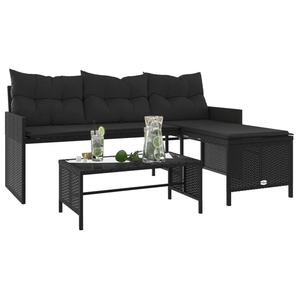 Divano da Giardino con Tavolo e Cuscini a L Nero in Polyrattan 365572