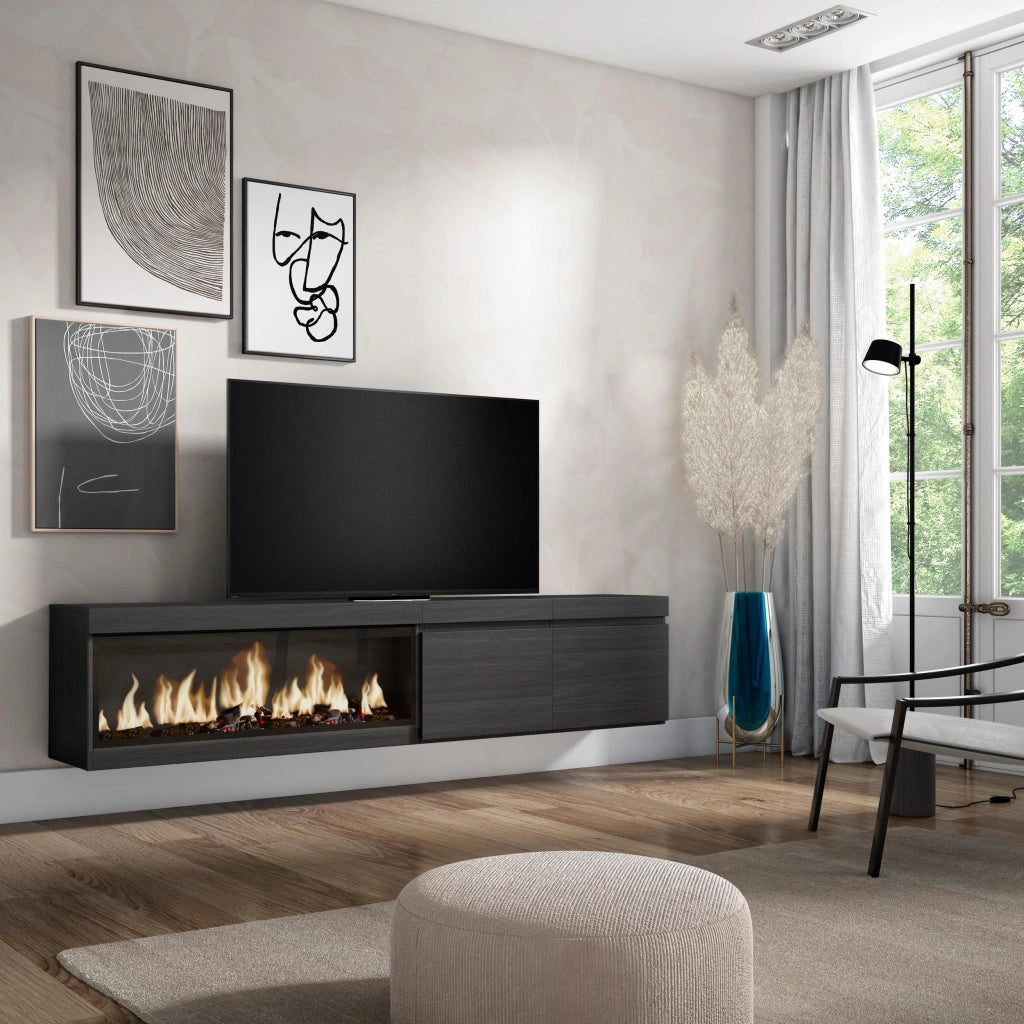 Mobile TV Soggiorno, 208x35x45cm, Per TV fino a 80", Camino elettrico XXL, da appendere, Nero RF3261