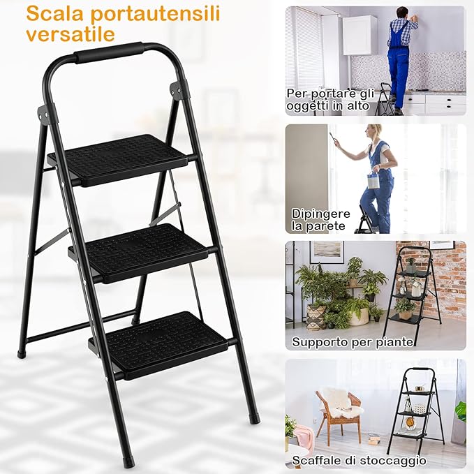 Scala a 3 Gradini, Scaletta Pieghevole con Ampio Pedale, Corrimano e Piedi Antiscivolo, Struttura in Metallo, Carico 265 kg, Nero