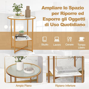Tavolini da Salotto in Vetro, Tavolino Rotondo a 2 Piani da 50 cm con Ripiano Effetto Marmo, Tavolino da Caffè con Cornice in Metallo Dorato, per Soggiorno, Camera da Letto