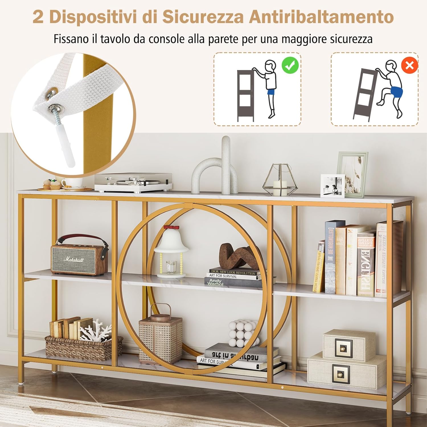 Tavolo Consolle a 3 Piani, Tavolo d’Ingresso con Piano in Legno, Struttura in Metallo e Ripiani, Tavolo per Corridoio, Soggiorno e Ingresso, 180 x 30 x 90 cm (Bianco e oro)