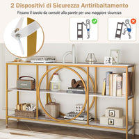 Tavolo Consolle a 3 Piani, Tavolo d’Ingresso con Piano in Legno, Struttura in Metallo e Ripiani, Tavolo per Corridoio, Soggiorno e Ingresso, 180 x 30 x 90 cm (Bianco e oro)