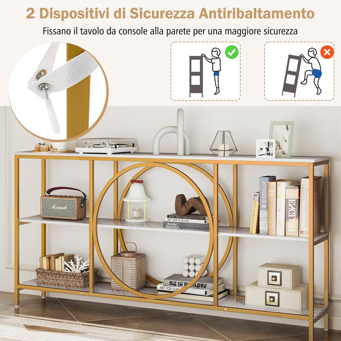 Tavolo Consolle a 3 Piani, Tavolo d’Ingresso con Piano in Legno, Struttura in Metallo e Ripiani, Tavolo per Corridoio, Soggiorno e Ingresso, 180 x 30 x 90 cm (Bianco e oro)