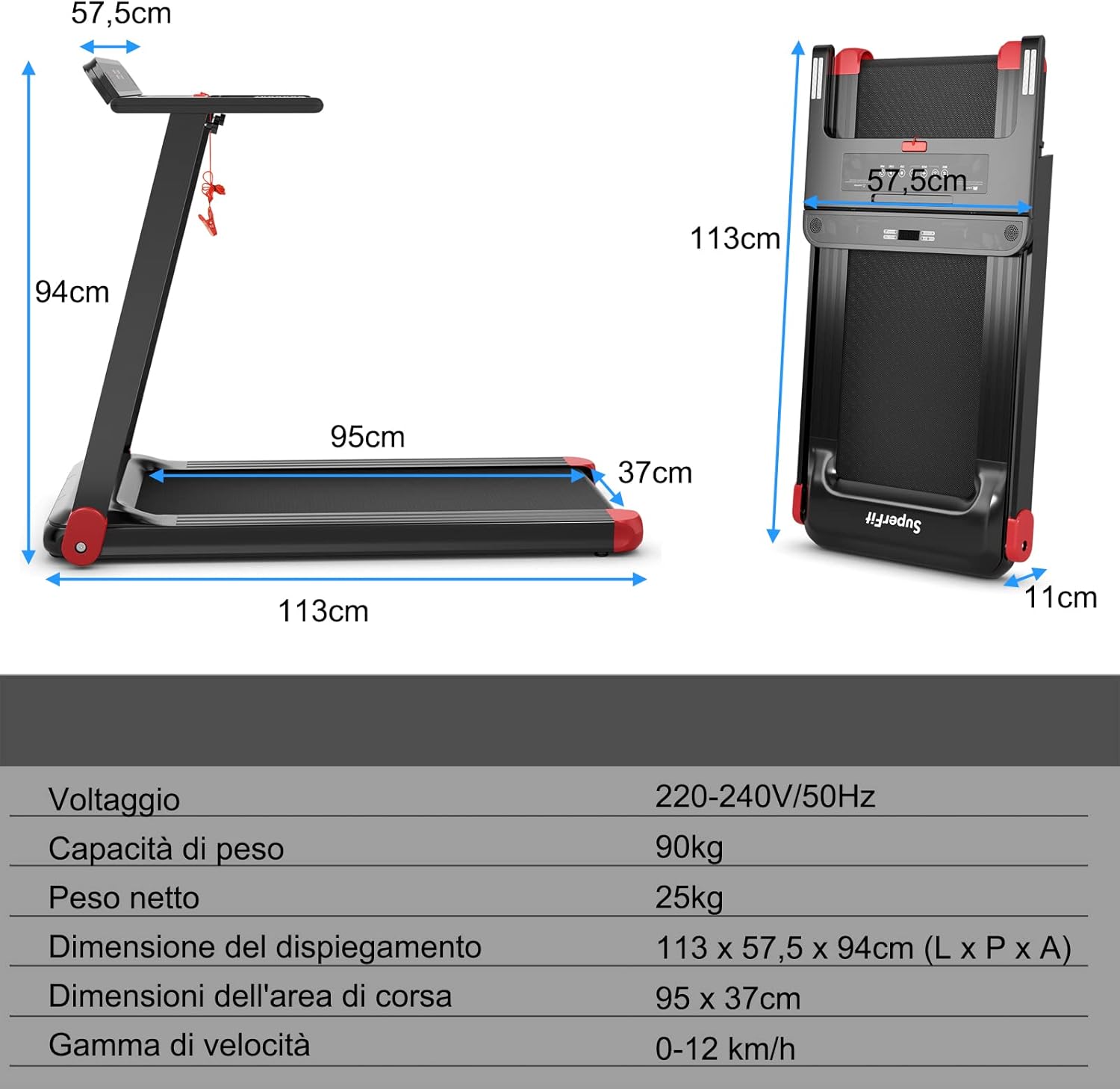 Tapis Roulant Pieghevole per Casa, con Controllo APP, 12 Programmi Preimpostati, Schermo LED e Porta Dispositivi, Velocità 0-12 km/h, Portata 90kg