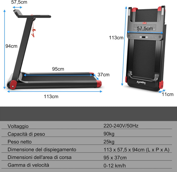 Tapis Roulant Pieghevole per Casa, con Controllo APP, 12 Programmi Preimpostati, Schermo LED e Porta Dispositivi, Velocità 0-12 km/h, Portata 90kg